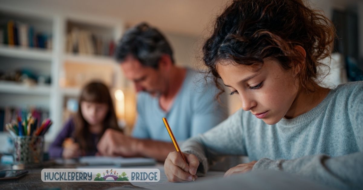 A father and two daughters sitting at a table working on schoolwork, homeschool family