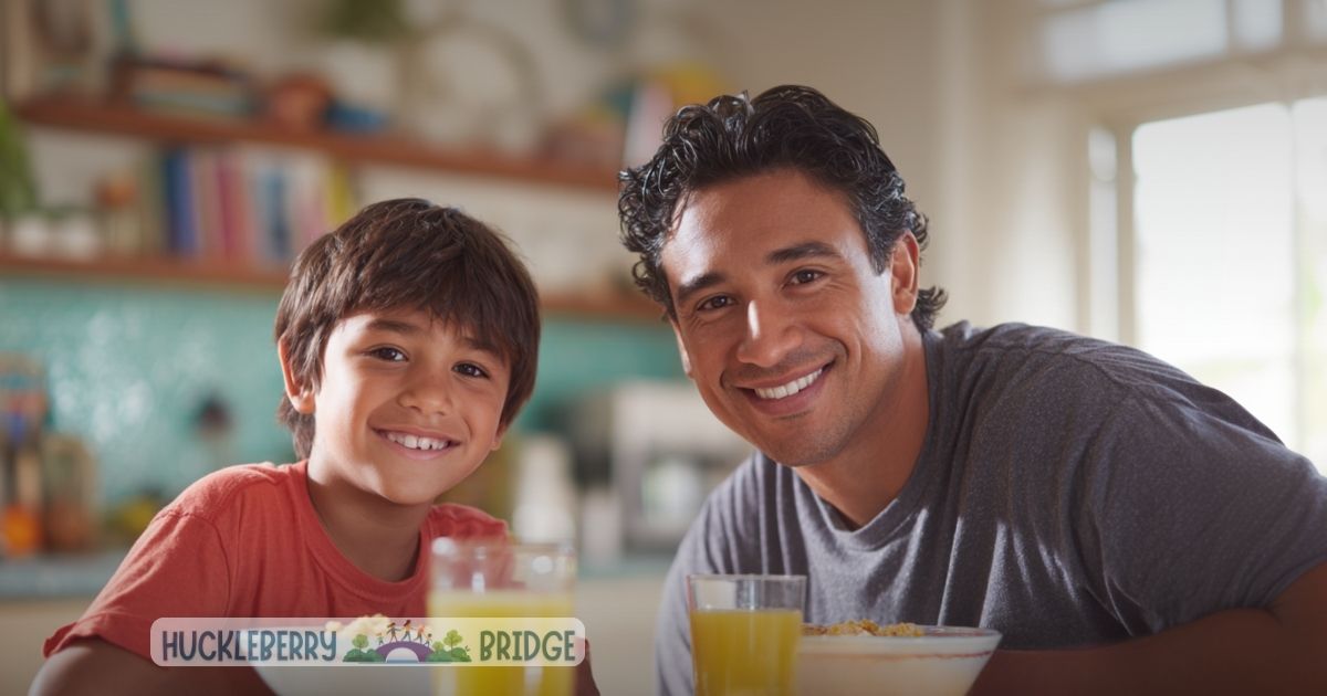 5 Powerful Life Skills Kids Learn at Breakfast. A smiling father and young son sitting together at a sunny kitchen table during breakfast. They are enjoying cereal and juice, looking happy and connected. The scene conveys warmth, family bonding, and the positive role of breakfast routines in building life skills.