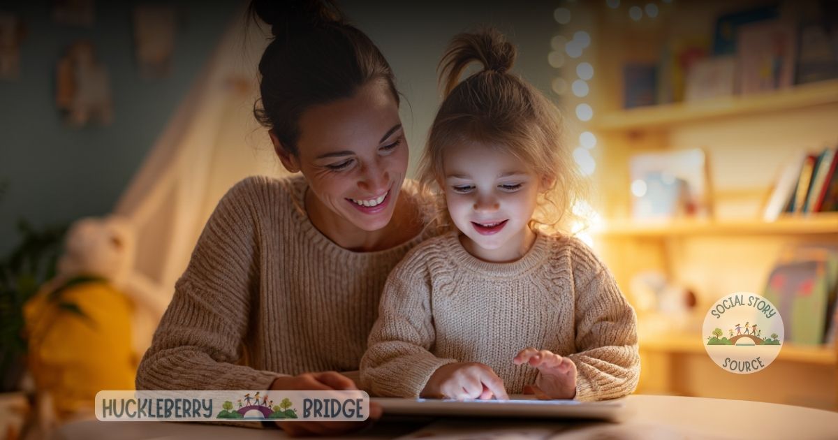 Parent and child watching a life skills video together at a small table, showing a warm, supportive moment that reflects learning and emotional connection.