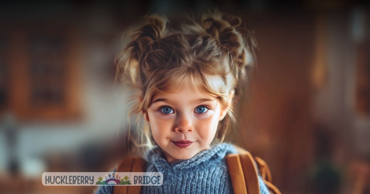 10 Life Skills Kids Need to Learn Title Image with Social Story Source Logo- A school-aged girl with blond hair and blue eyes wearing a blue sweater and brown backpack ready to leave for school