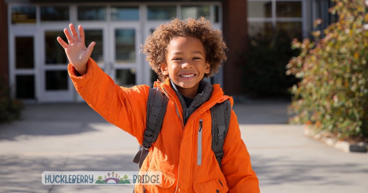 How to Use Life Skills Lessons Effectively at Home and School- Boy wearing bright orange jacket, waving while walking into school.How to Use Life Skills Lessons Effectively at Home and School- Boy wearing bright orange jacket, waving while walking into school.