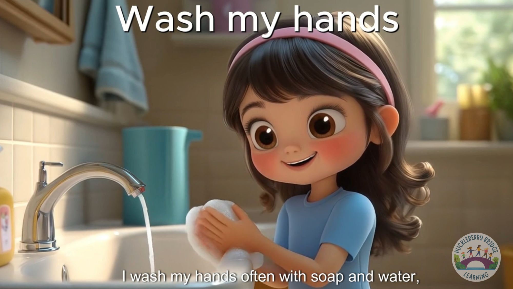 Girl washing her hands with lots of soap suds at the bathroom sink.