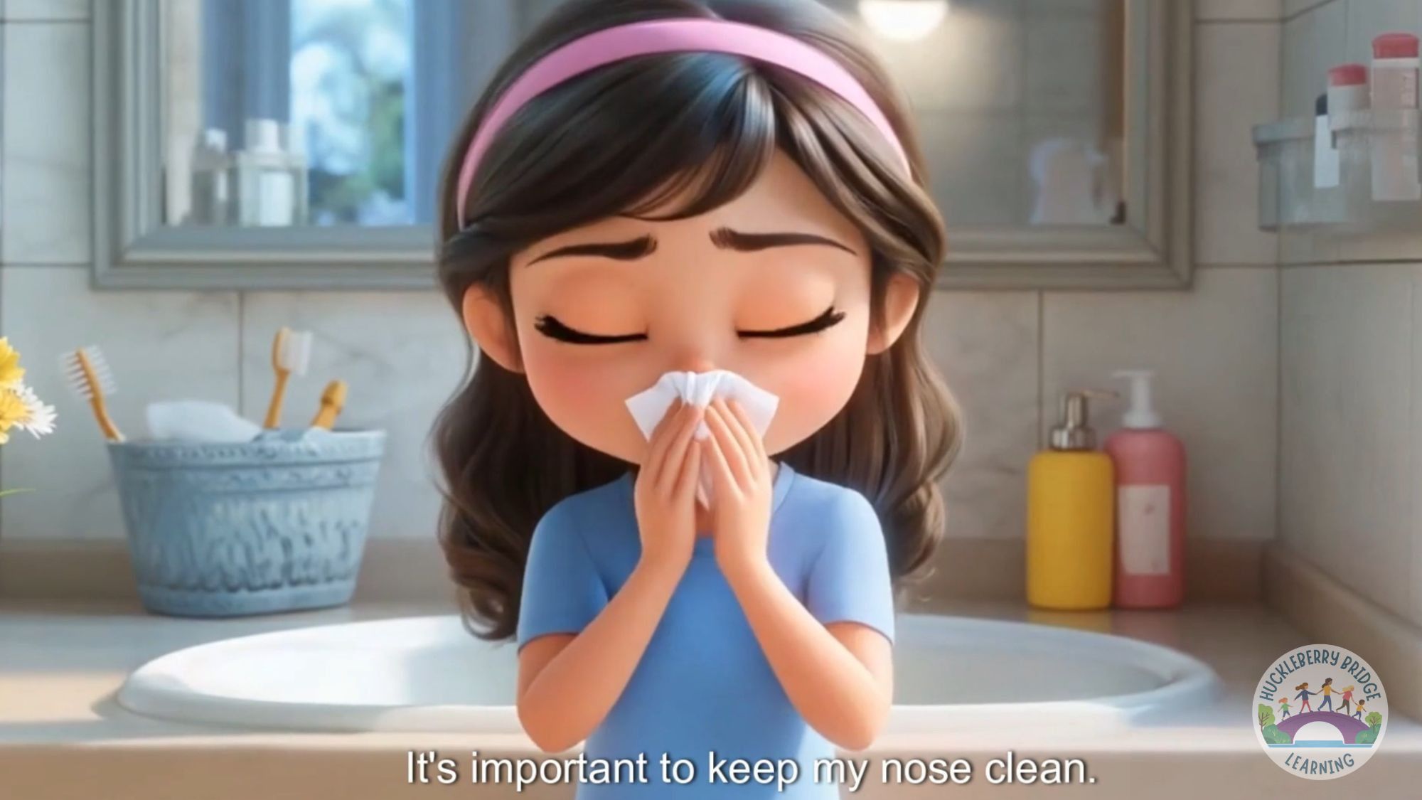 Girl blowing her nose in a tissue