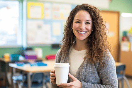 Smiling female educator in a classroom holding a coffee cup—ideal for teaching life skills and social stories with Social Story Source educational resources.
