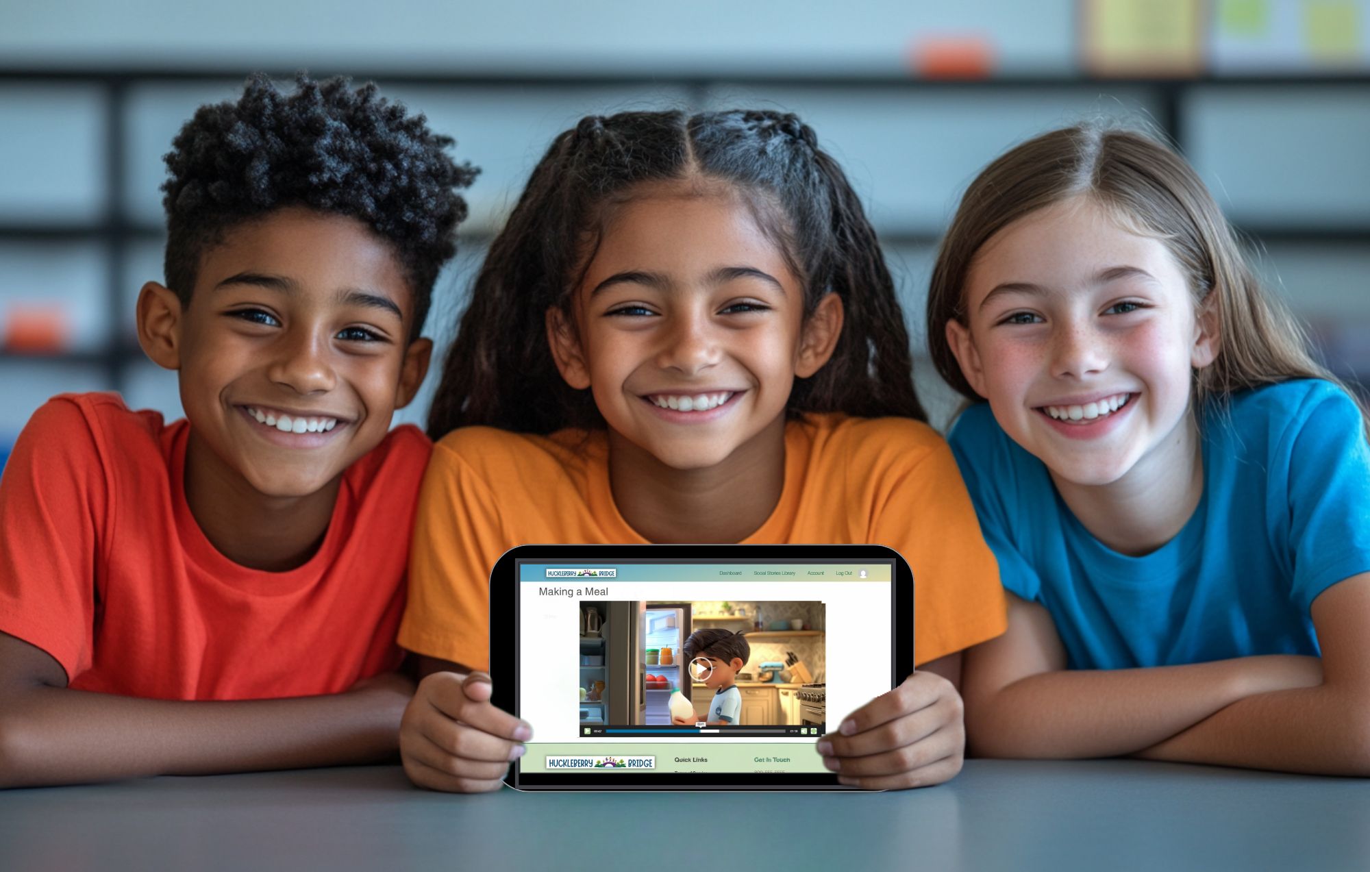 Smiling kids holding tablet with Huckleberry Bridge video playing